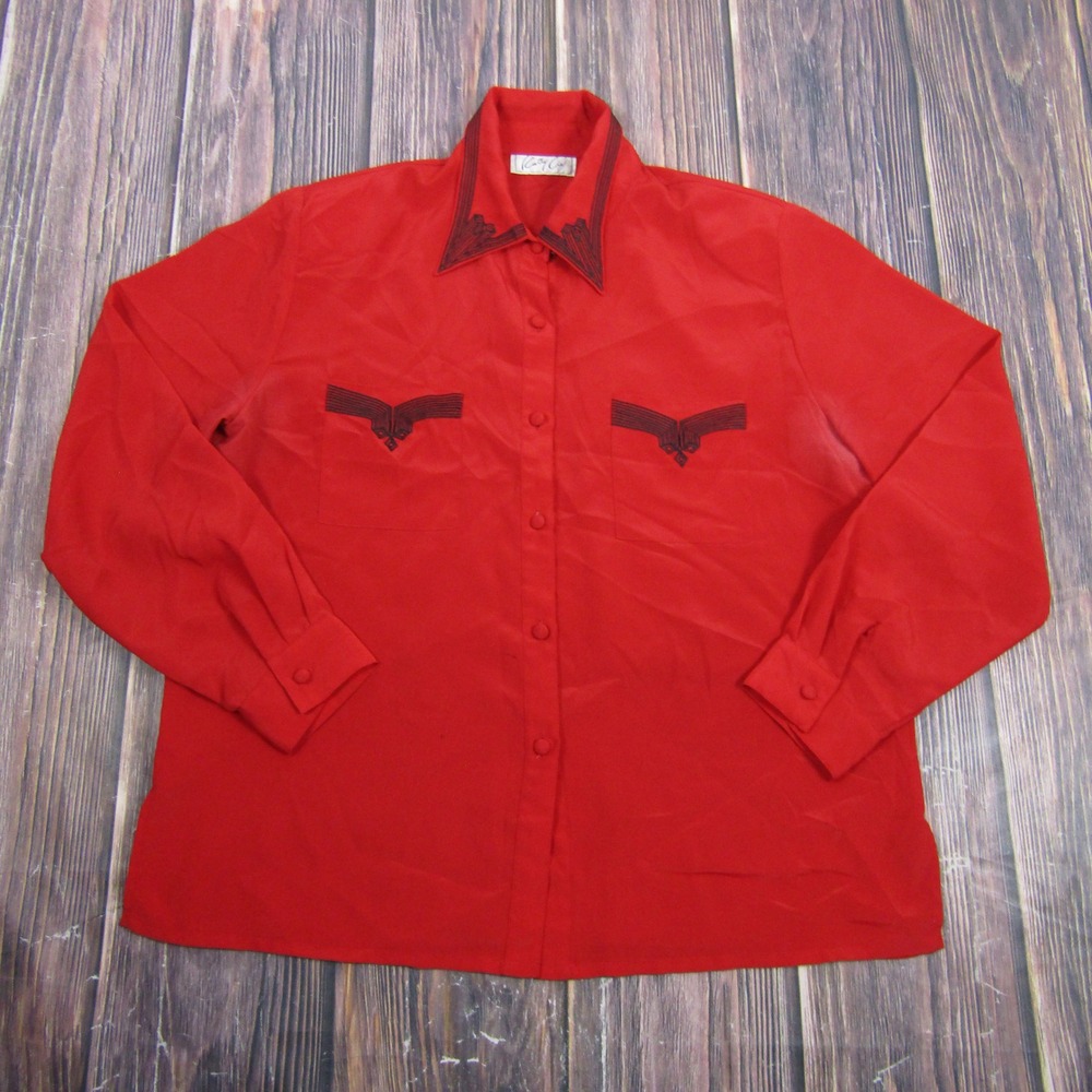 Cathy Che Button Down Blouse Womens 16 Red Embroidered Western Long Sleeve Top